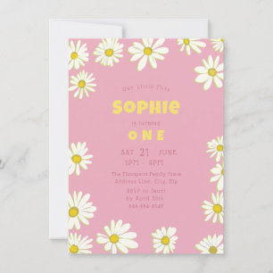 Invitación Girly Sweet Daisies Bubblegum Primer cumpleaños