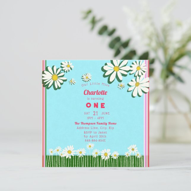 Invitación Girly Sweet Daisies Field Verde Rosa Cumpleaños Ve (Anverso de pie)