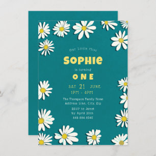 Invitación Girly Sweet Daisies Yellow Verde azulada First Bir