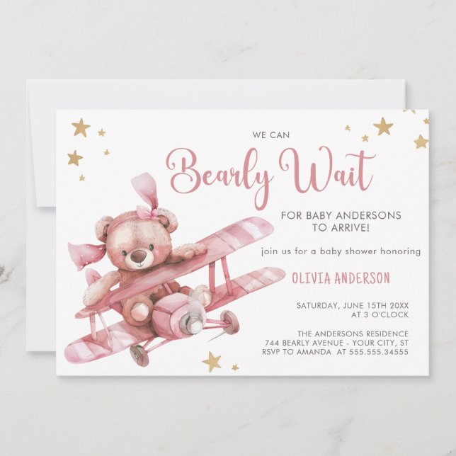 Invitación Girly Teddy Bear Podemos Esperar A Baby Shower (Anverso)
