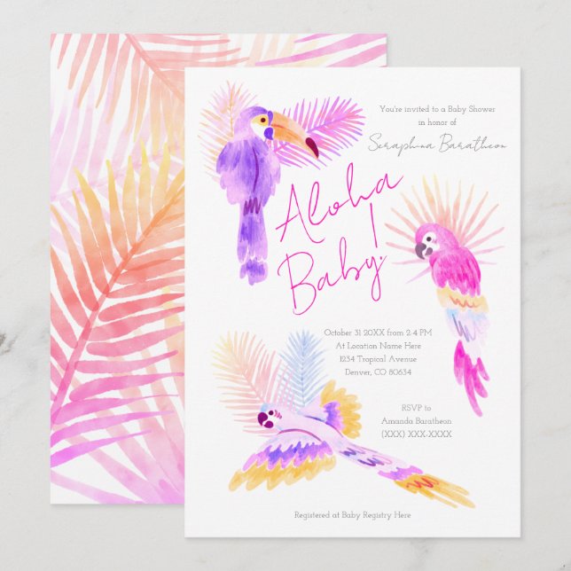 Invitación Girly Tropical Parrots Hawaiian Aloha Baby Shower (Anverso / Reverso)