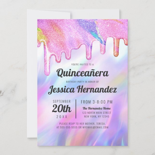 Invitación Girly Unicorn Purpurina Holográfico Drip Quinceañe (Anverso)
