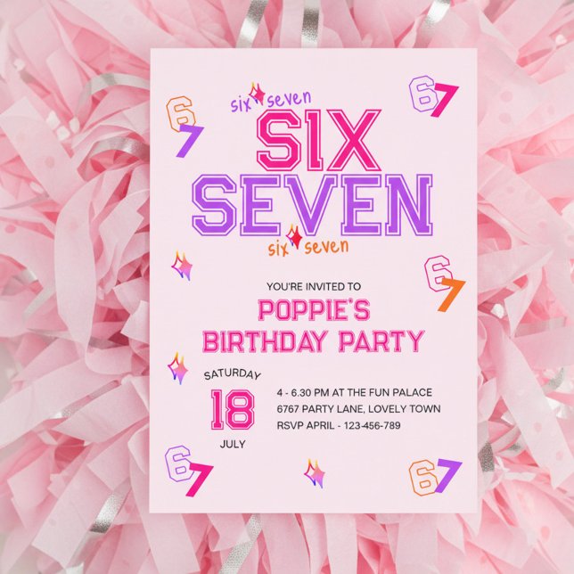 Invitación Girly Varsity Pink Purple 6 7 Meme Birthday Party (6 7 girls birthday invitation in pink and purple, with girly varsity typography design)