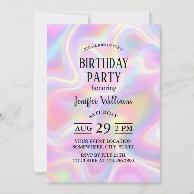 Invitación Girly Vibrant Pastel Holographic Swirl Design      (Anverso)