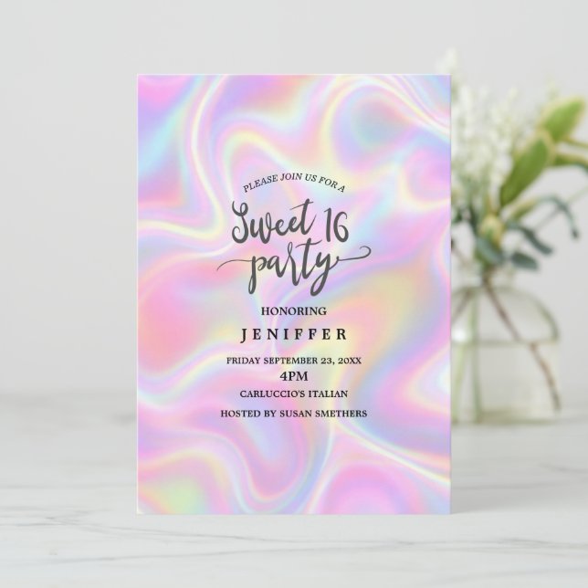 Invitación Girly Vibrant Pastel Holographic Swirl Design      (Anverso de pie)