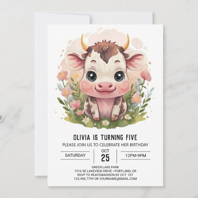 Invitación Girly Watercolor Cute Cow Cumpleaños (Anverso)