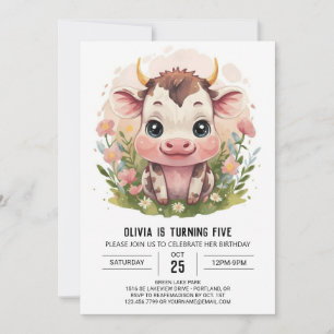 Invitación Girly Watercolor Cute Cow Cumpleaños
