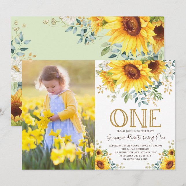 Invitación Girly Watercolor Girasol Foto de primer cumpleaños (Anverso / Reverso)