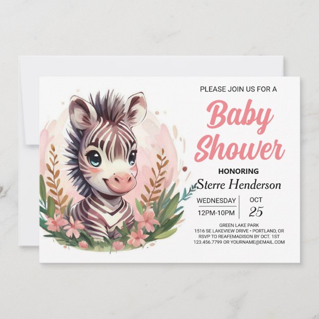 Invitación Girly Watercolor Safari Zebra Baby Shower (Anverso)
