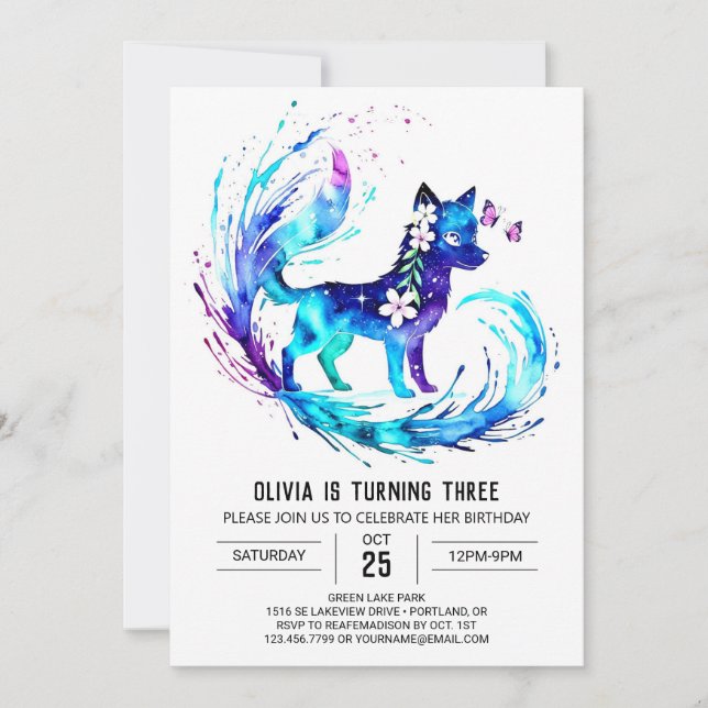 Invitación Girly Whimsical Wolf Chica Nacimiento (Anverso)