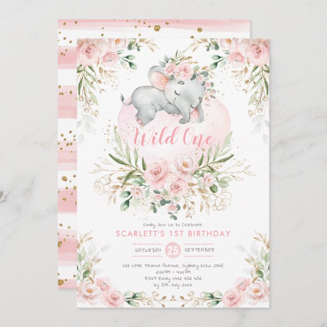 Invitación Girly Wild One Elephant Rubor Floral Primer cumple (Anverso / Reverso)
