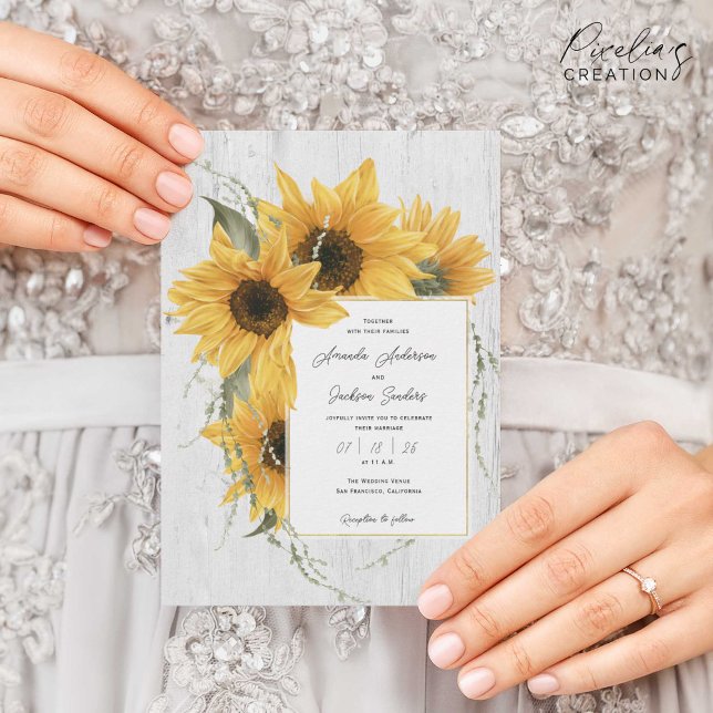 Invitación Giro acuático de verano, boda de granero rústico (Rustic, watercolor sunflower themed, Wedding invitation for country, barn wedding on summer or fall)