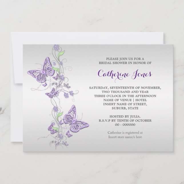 Invitación Giro de mariposa de plata púrpura (Anverso)