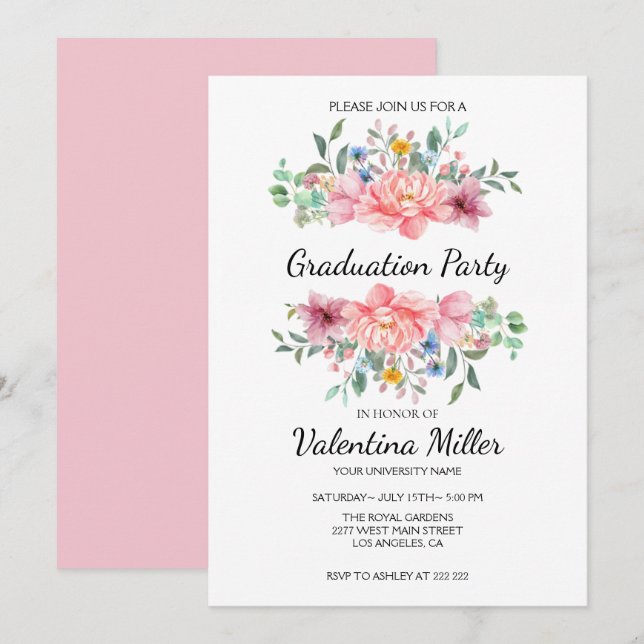 Invitación Giro floral de acuarela (Anverso / Reverso)