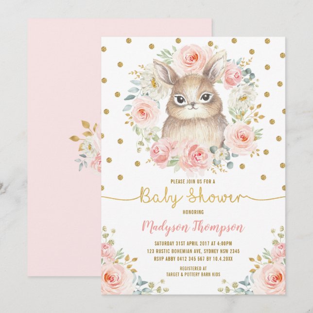 Invitación Girona Rubor Pink Floral Conejo Baby Shower (Anverso / Reverso)
