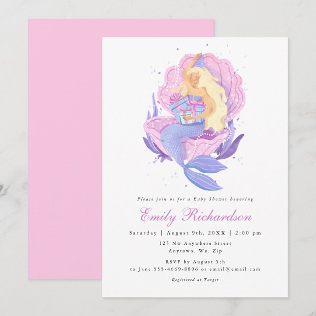 Invitación Girona Rubor Pink Pastel Pequeña Sirenita Baby Sho (Anverso / Reverso)