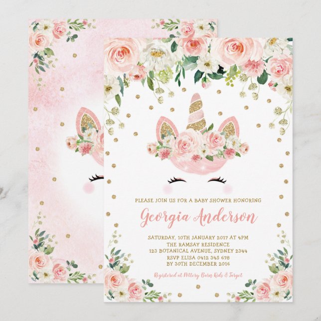 Invitación Girona Unicorn Baby Shower Rubor Peach Gold Floral (Anverso / Reverso)