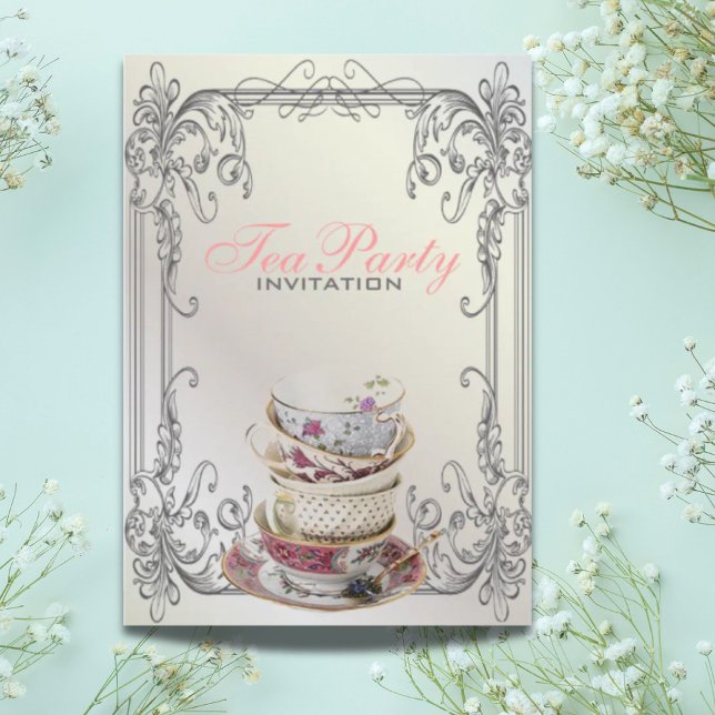 Invitación Giros formales y elegantes fiesta de té blanco vin (Formal elegant swirls White vintage tea party Invitation)