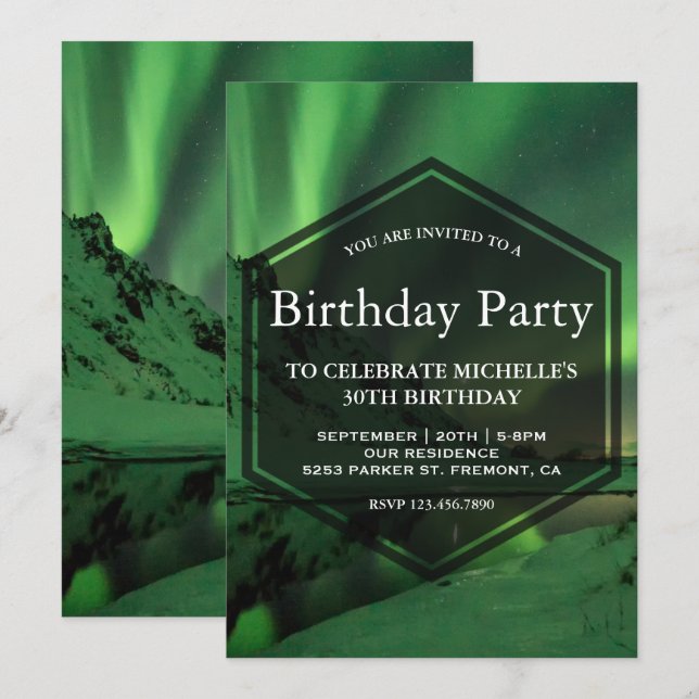 Invitación Glaciar Aurora Luz del Norte Fiesta de Cumpleaños (Anverso / Reverso)