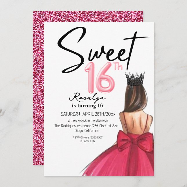 Invitación Glam 16 Lux Purpurina de escritura moderna Cumplea (Anverso / Reverso)