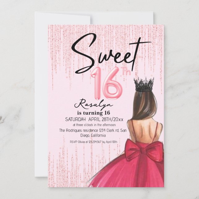Invitación Glam 16 Rosa Gold Sweet Dieciséis cumpleaños (Anverso)
