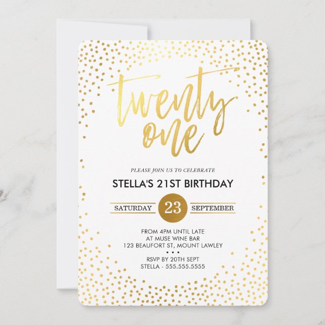 Invitación GLAM 21º CUMPLEAÑOS FIESTA mini oro confetti negro (Anverso)