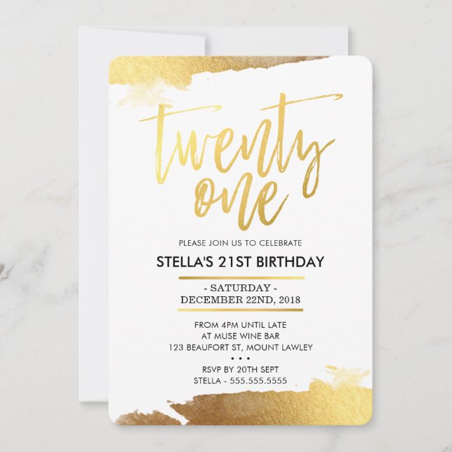 Invitación GLAM 21º CUMPLEAÑOS FIESTA oro dorado moderno (Anverso)