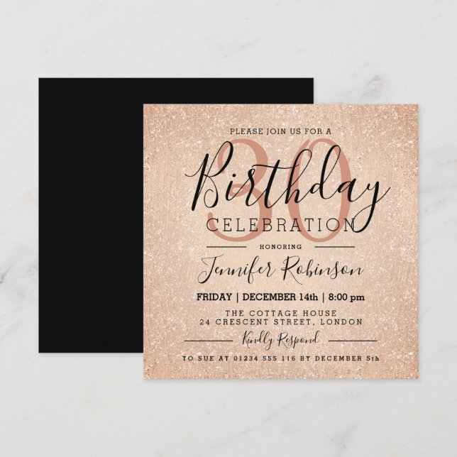 Invitación Glam 30.ª pintura Rosa Purpurina de oro (Anverso / Reverso)