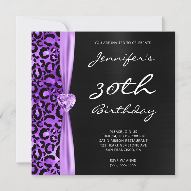Invitación Glam 30 Aniversario del Leopardo Púrpura Negro y L (Anverso)