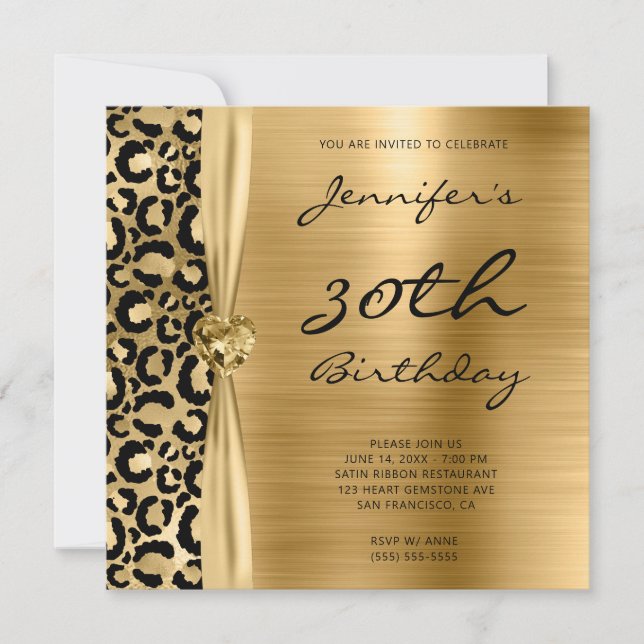 Invitación Glam 30 cumpleaños del Leopardo Negro y Oro (Anverso)