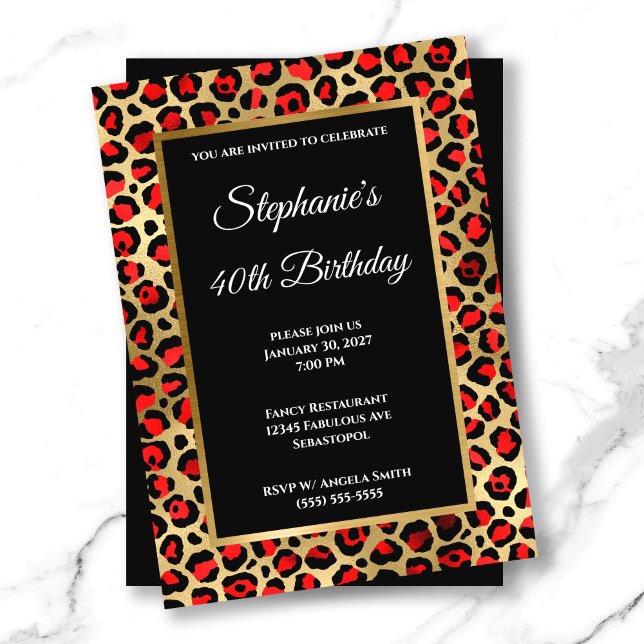 Invitación Glam 40º cumpleaños del Leopardo de oro y negro ro (Red Black and Gold Leopard Glam 40th Birthday Invitation)