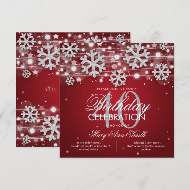 Invitación Glam, 40° cumpleaños, Purpurina de invierno rojo p (Anverso / Reverso)