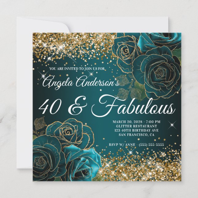 Invitación Glam 40 y Fabulous Purpurina floral azul Verde azu (Anverso)