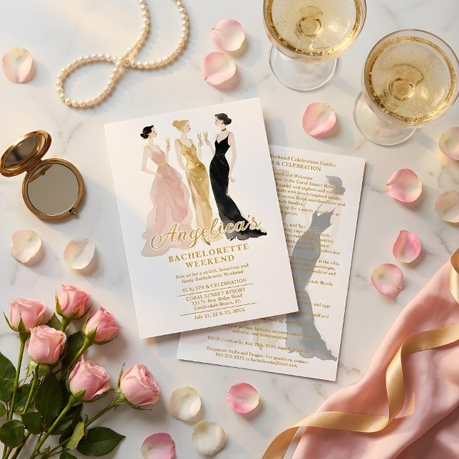Invitación Glam 4 Women Elegant Evening Dresses Bachelorette (Glamorous Four Women in Elegant Evening Dresses Bachelorette Weekend Wedding Invitation Cards.)