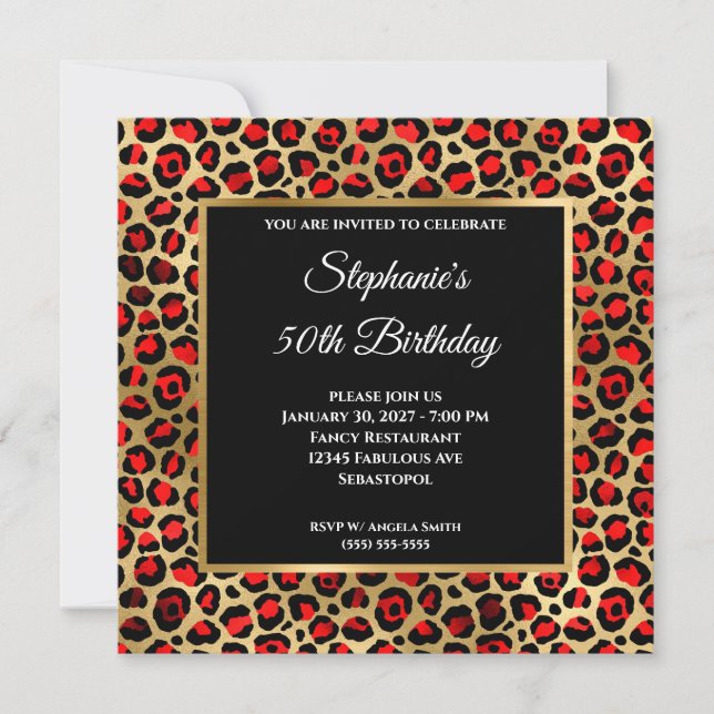 Invitación Glam 50º cumpleaños del Leopardo de oro y negro ro (Anverso)