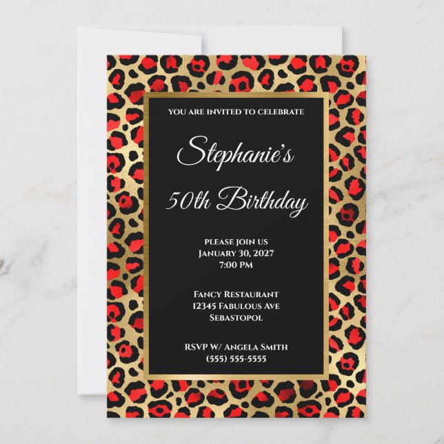 Invitación Glam 50º cumpleaños del Leopardo de oro y negro ro (Anverso)