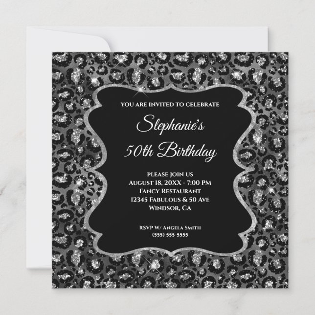 Invitación Glam 50º cumpleaños del Leopardo negro de plata es (Anverso)