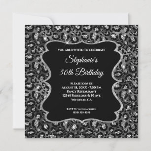 Invitación Glam 50º cumpleaños del Leopardo negro de plata es