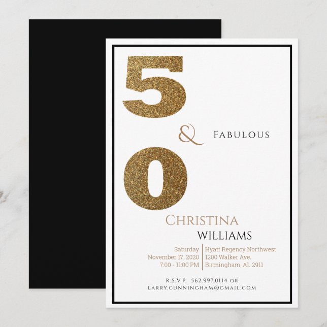 Invitación Glam 50 y fabuloso cumpleaños negro y oro (Anverso / Reverso)