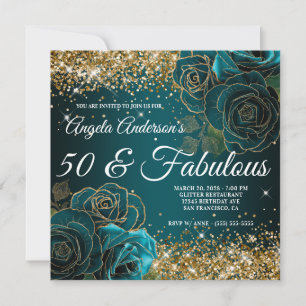 Invitación Glam 50 y Fabulous Purpurina floral azul Verde azu
