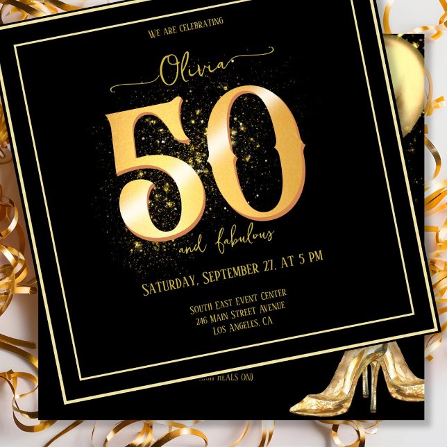 Invitación Glam 50 y Fabulous Sparkling Gold Black (Subido por el creador)