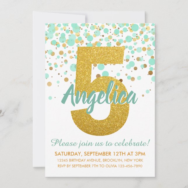 Invitación Glam 5 cumpleaños Mint Green Gold Purpurina Confet (Anverso)