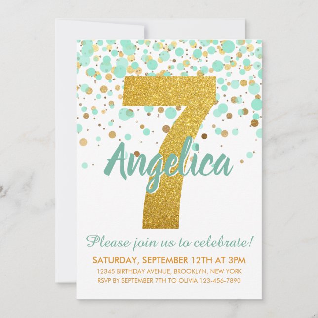 Invitación Glam 7 cumpleaños Mint Green Gold Purpurina Confet (Anverso)