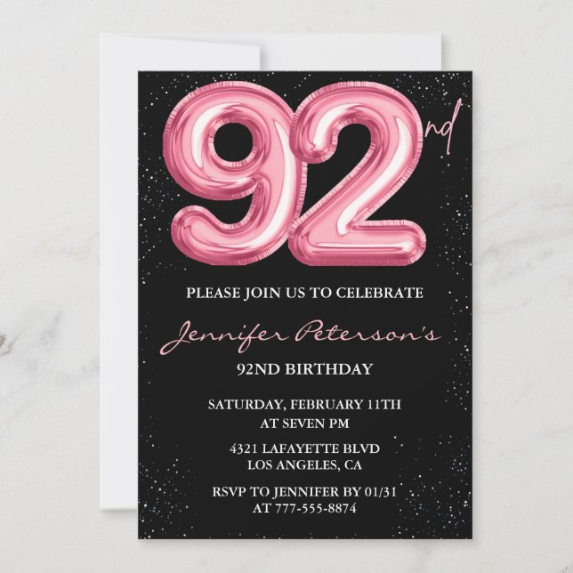 Invitación Glam 92º cumpleaños del globo rosado negro (Anverso)