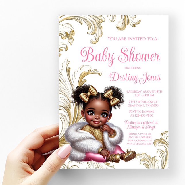 Invitación Glam Afro Baby Girl Pink Gold Baby Shower (Subido por el creador)