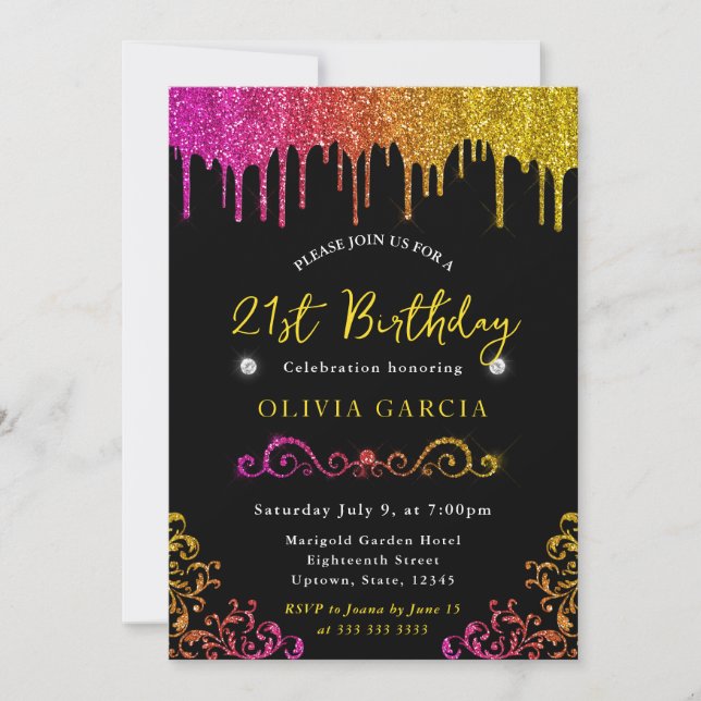 Invitación Glam Amarillo y Purpurina Rosa 21º cumpleaños (Anverso)