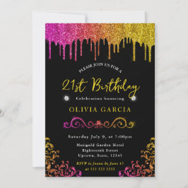 Invitación Glam Amarillo y Rosa Brillo Cumpleaños 21