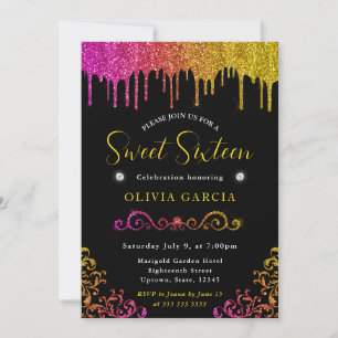 Invitación Glam Amarillo y Rosa Gradiente Brillo Cumpleaños 1