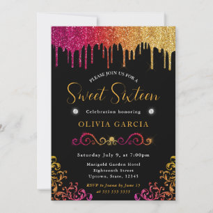 Invitación Glam Amarillo y Rosa Gradiente Brillo Sweet 16