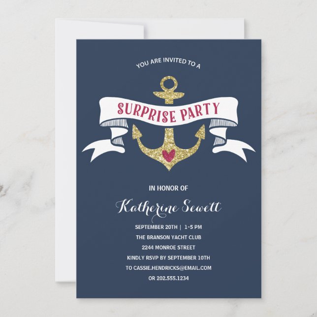 Invitación Glam Anchor | Fiesta de cumpleaños de sorpresa náu (Anverso)